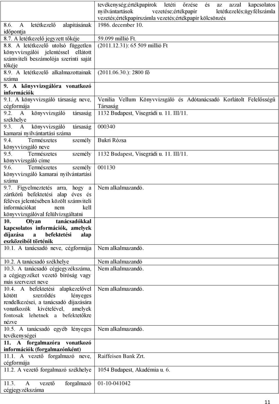 31): 65 509 millió Ft könyvvizsgálói jelentéssel ellátott számviteli beszámolója szerinti saját tőkéje 8.9. A letétkezelő alkalmazottainak (2011.06.30.): 2800 fő száma 9.