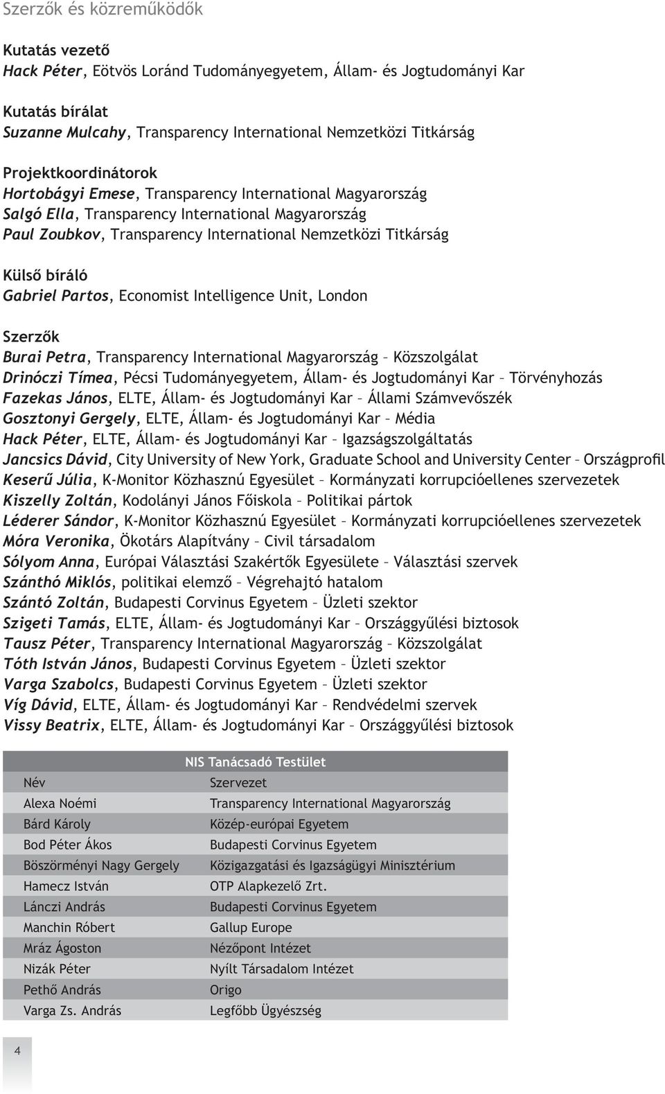 bíráló Gabriel Partos, Economist Intelligence Unit, London Szerzők Burai Petra, Transparency International Magyarország Közszolgálat Drinóczi Tímea, Pécsi Tudományegyetem, Állam- és Jogtudományi Kar