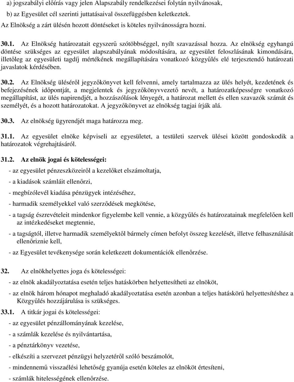 Az elnökség egyhangú döntése szükséges az egyesület alapszabályának módosítására, az egyesület feloszlásának kimondására, illetőleg az egyesületi tagdíj mértékének megállapítására vonatkozó közgyűlés