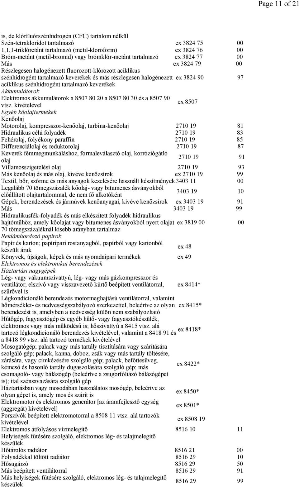 97 aciklikus szénhidrogént tartalmazó keverékek Akkumulátorok Elektromos akkumulátorok a 8507 80 20 a 8507 80 30 és a 8507 90 vtsz.