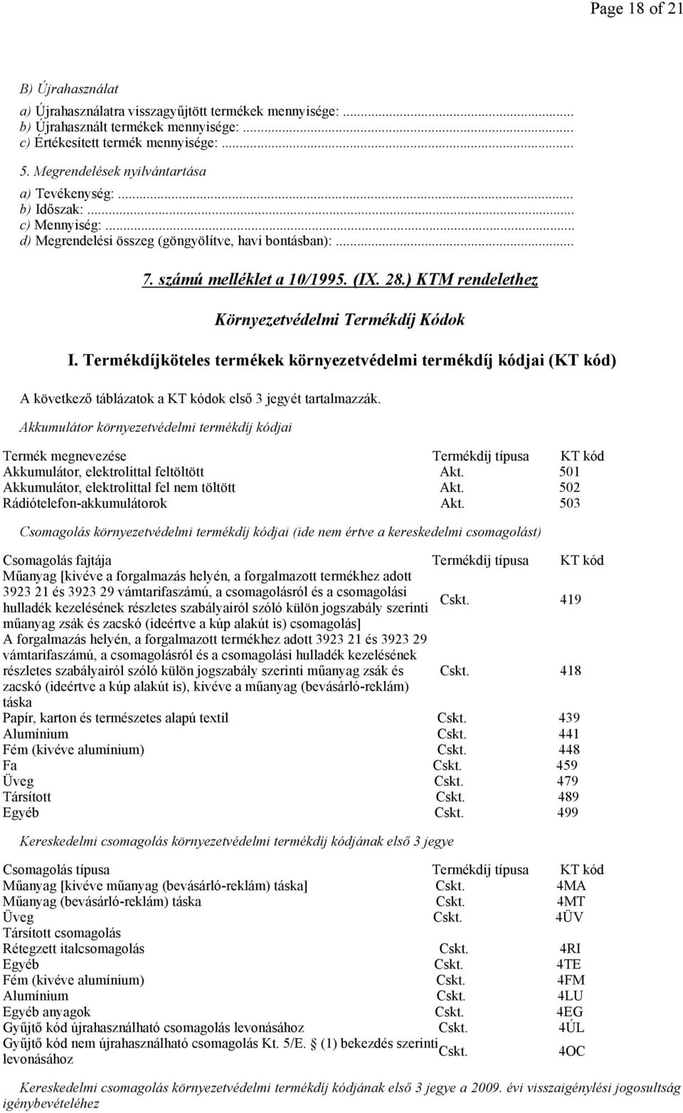 ) KTM rendelethez Környezetvédelmi Termékdíj Kódok I. Termékdíjköteles termékek környezetvédelmi termékdíj kódjai (KT kód) A következı táblázatok a KT kódok elsı 3 jegyét tartalmazzák.