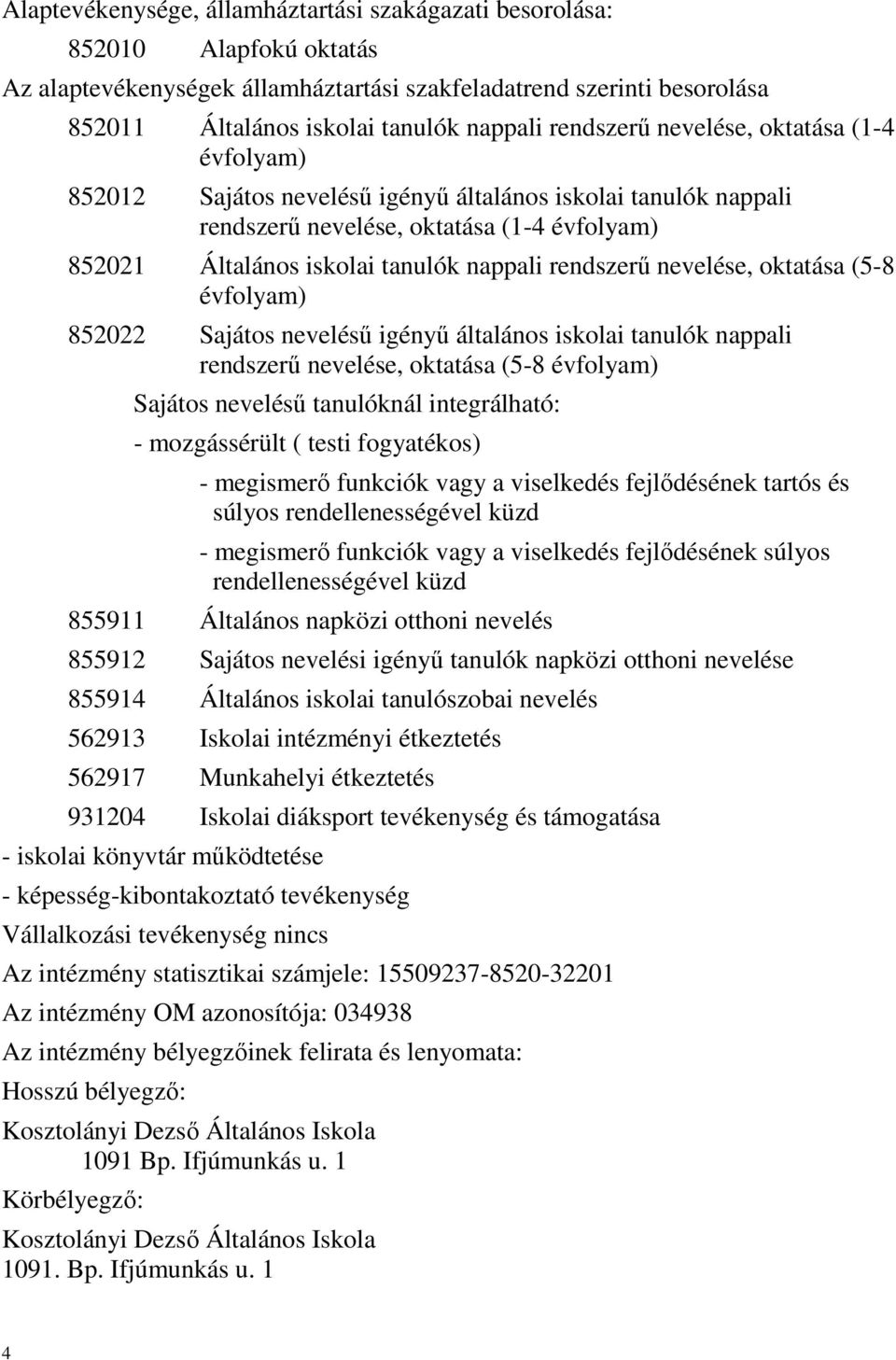 rendszerű nevelése, oktatása (5-8 évfolyam) 852022 Sajátos nevelésű igényű általános iskolai tanulók nappali rendszerű nevelése, oktatása (5-8 évfolyam) Sajátos nevelésű tanulóknál integrálható: -