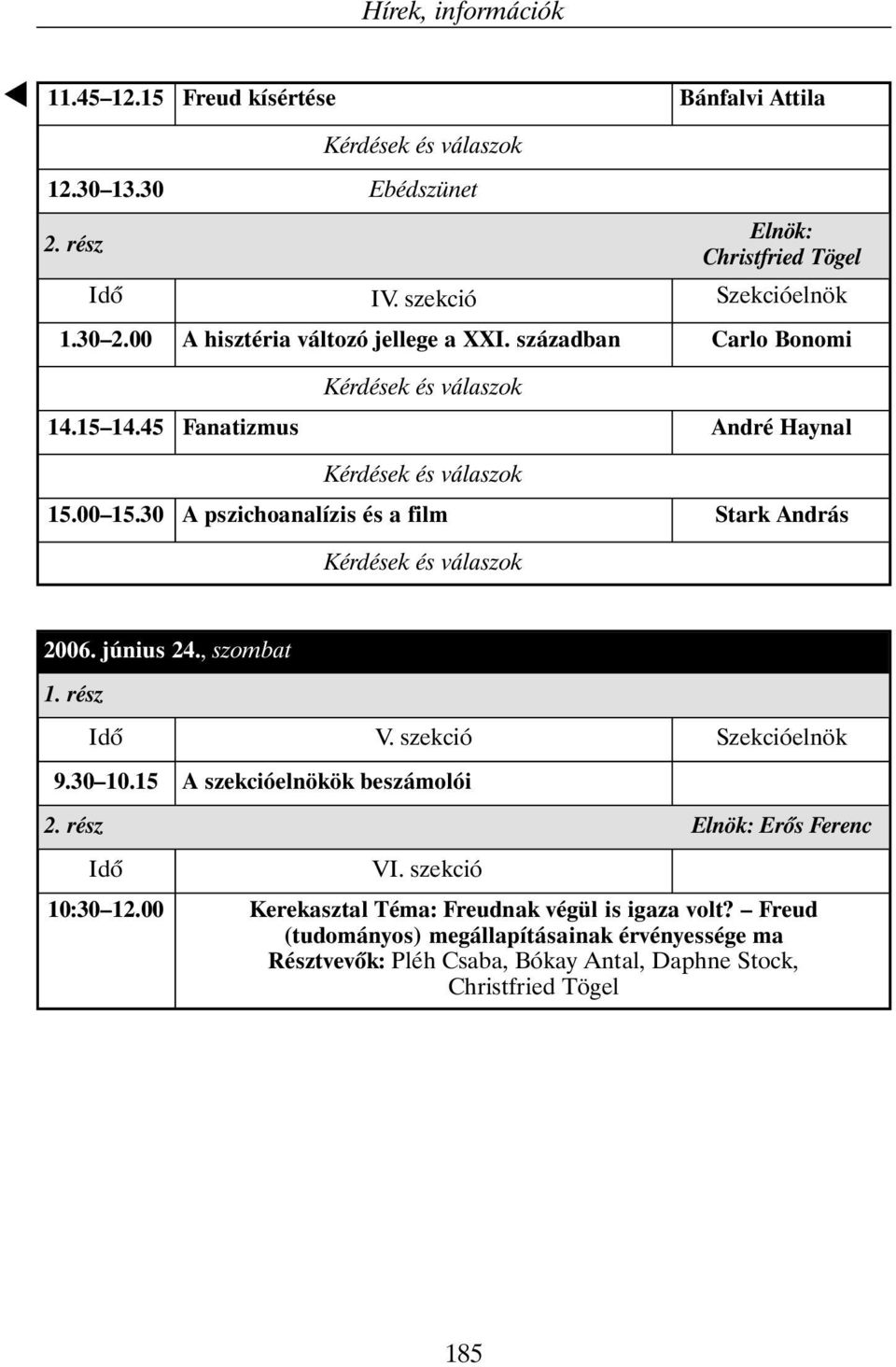 30 A pszichoanalízis és a film Stark András 2006. június 24., szombat 1. rész 9.30 10.15 2. rész 10:30 12.00 V. szekció A szekcióelnökök beszámolói VI.