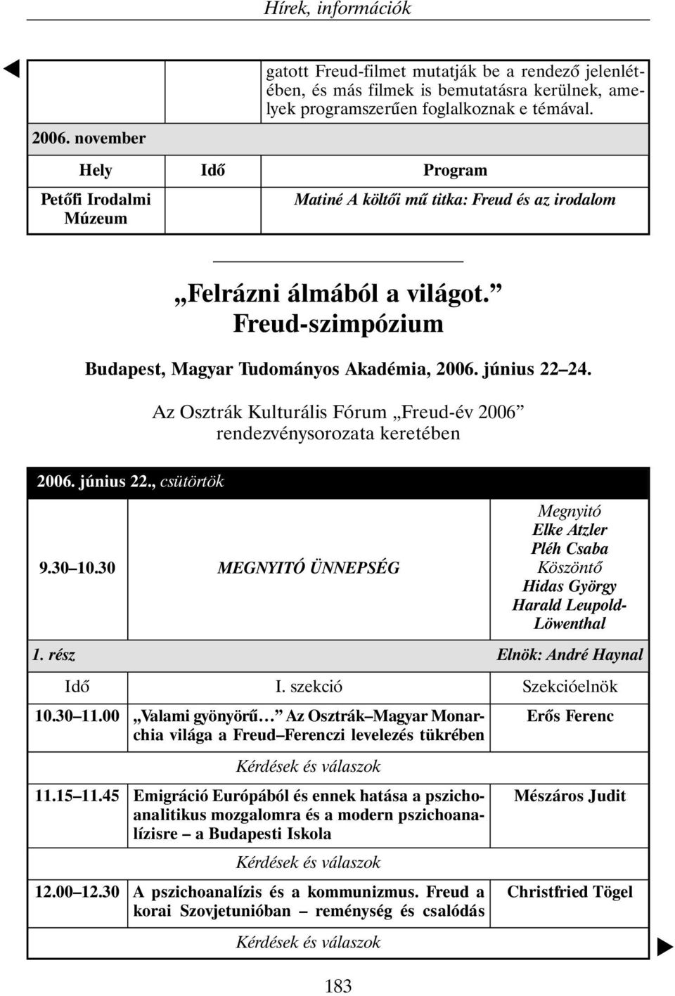 Az Osztrák Kulturális Fórum Freud-év 2006 rendezvénysorozata keretében 2006. június 22., csütörtök 9.30 10.30 10.30 11.00 11.15 11.45 12.00 12.30 MEGNYITÓ ÜNNEPSÉG I.