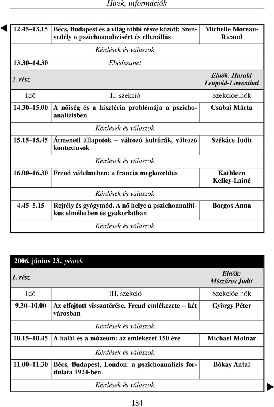 30 Freud védelmében: a francia megközelítés Kathleen Kelley-Lainé 4.45 5.15 Rejtély és gyógymód. A nõ helye a pszichoanalitikus elméletben és gyakorlatban Borgos Anna 2006. június 23., péntek 1.