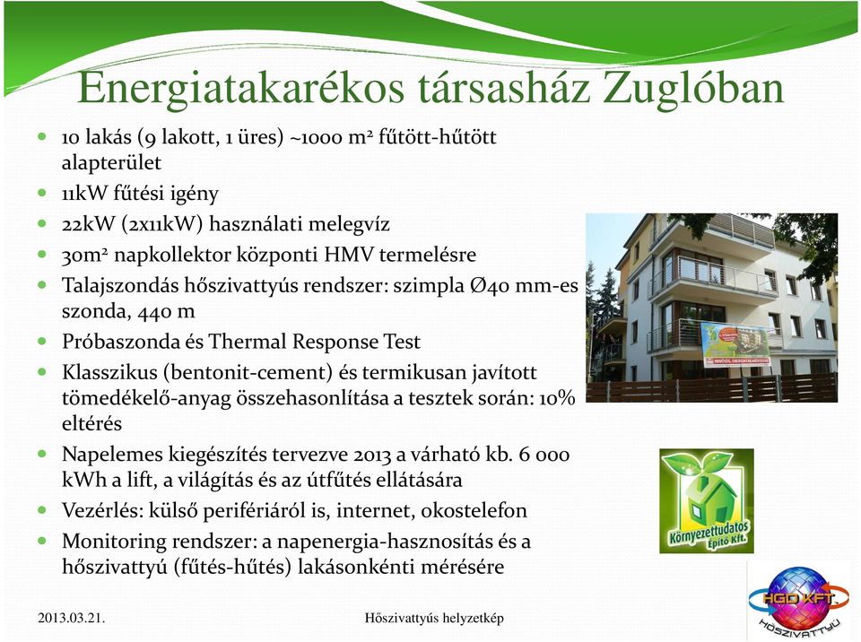 (bentonit-cement) és termikusan javított tömedékelő-anyag összehasonlítása a tesztek során: 10% eltérés Napelemes kiegészítés tervezve 2013 a várható kb.