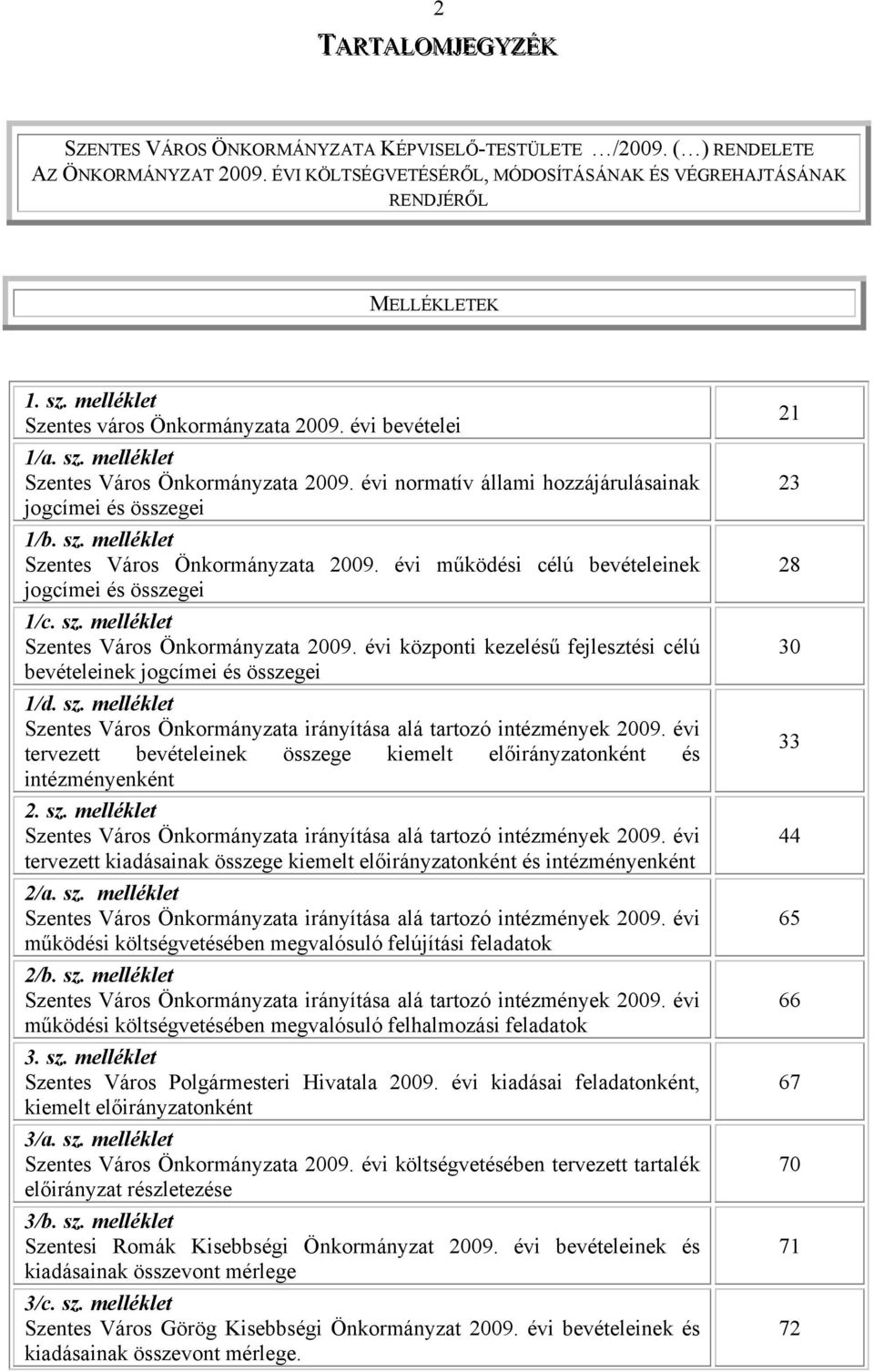 sz. melléklet Szentes Város Önkormányzata 2009. évi központi kezelésű fejlesztési célú bevételeinek jogcímei és összegei 1/d. sz.