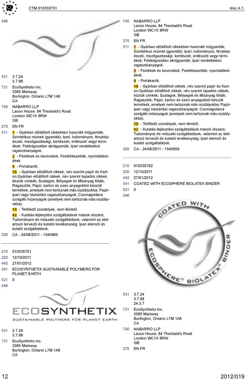 Ipari, tudományos, fényképészeti, mezőgazdasági, kertészeti, erdészeti vegyi termékek; Feldolgozatlan akrilgyanták; Ipari rendeltetésű ragasztóanyagok.