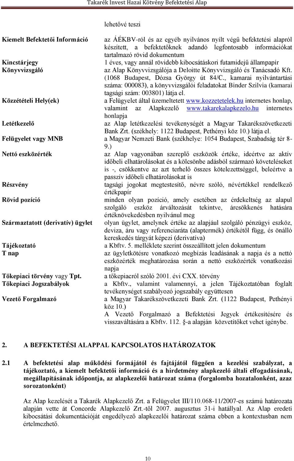 , kamarai nyilvántartási száma: 000083), a könyvvizsgálói feladatokat Binder Szilvia (kamarai tagsági szám: 003801) látja el. Közzétételi Hely(ek) a Felügyelet által üzemeltetett www.kozzetetelek.