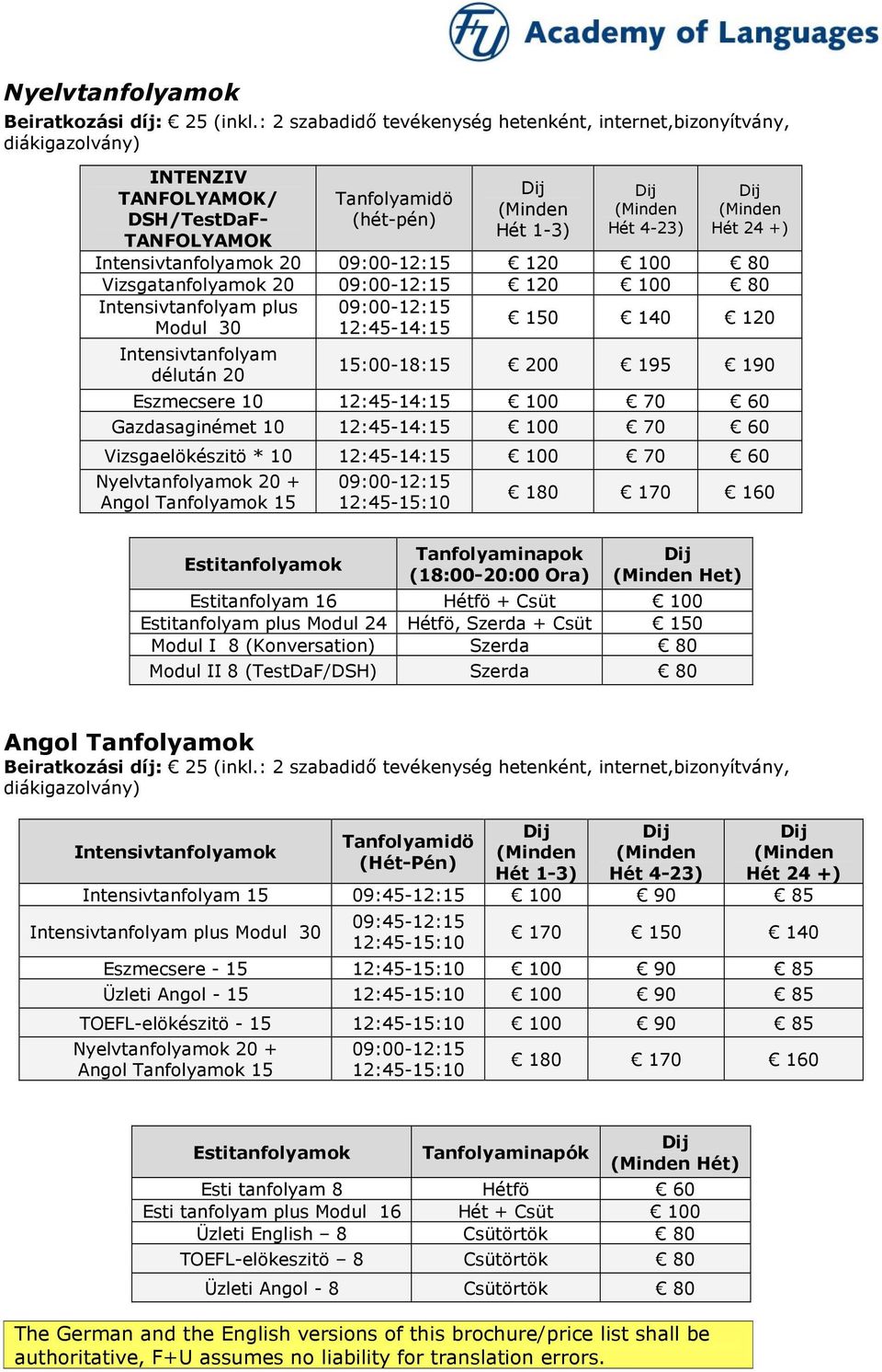 09:00-12:15 120 100 80 Vizsgatanfolyamok 20 09:00-12:15 120 100 80 Intensivtanfolyam plus 09:00-12:15 Modul 30 12:45-14:15 150 140 120 Intensivtanfolyam délután 20 15:00-18:15 200 195 190 Eszmecsere