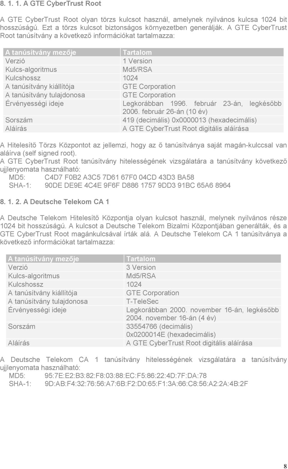 Corporation A tanúsítvány tulajdonosa GTE Corporation Érvényességi ideje Legkorábban 1996. február 23-án, legkésőbb 2006.