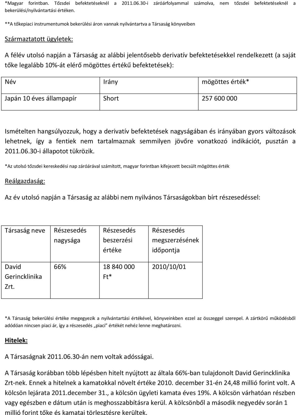 rendelkezett (a saját tőke legalább 10%-át elérő mögöttes értékű befektetések): Név Irány mögöttes érték* Japán 10 éves állampapír Short 257 600 000 Ismételten hangsúlyozzuk, hogy a derivatív