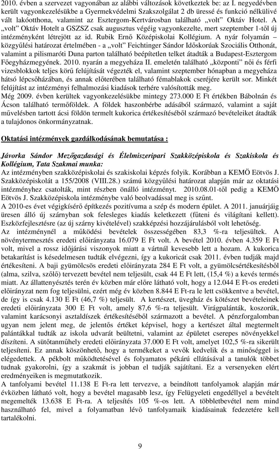 A volt Oktáv Hotelt a GSZSZ csak augusztus végéig vagyonkezelte, mert szeptember 1-tıl új intézményként létrejött az id. Rubik Ernı Középiskolai Kollégium.