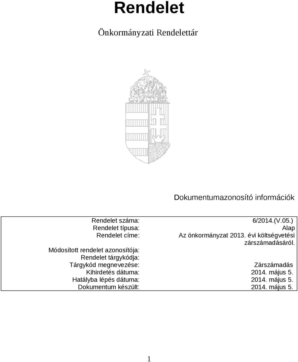 megnevezése: 6/2014.(V.05.) Alap Az önkormányzat 2013. évi költségvetési zárszámadásáról.