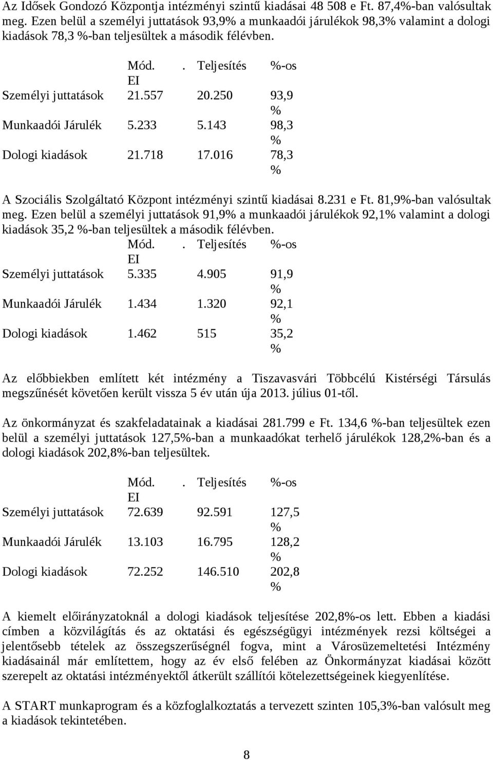 250 93,9 Munkaadói Járulék 5.233 5.143 98,3 Dologi kiadások 21.718 17.016 78,3 A Szociális Szolgáltató Központ intézményi szintű kiadásai 8.231 e Ft. 81,9-ban valósultak meg.