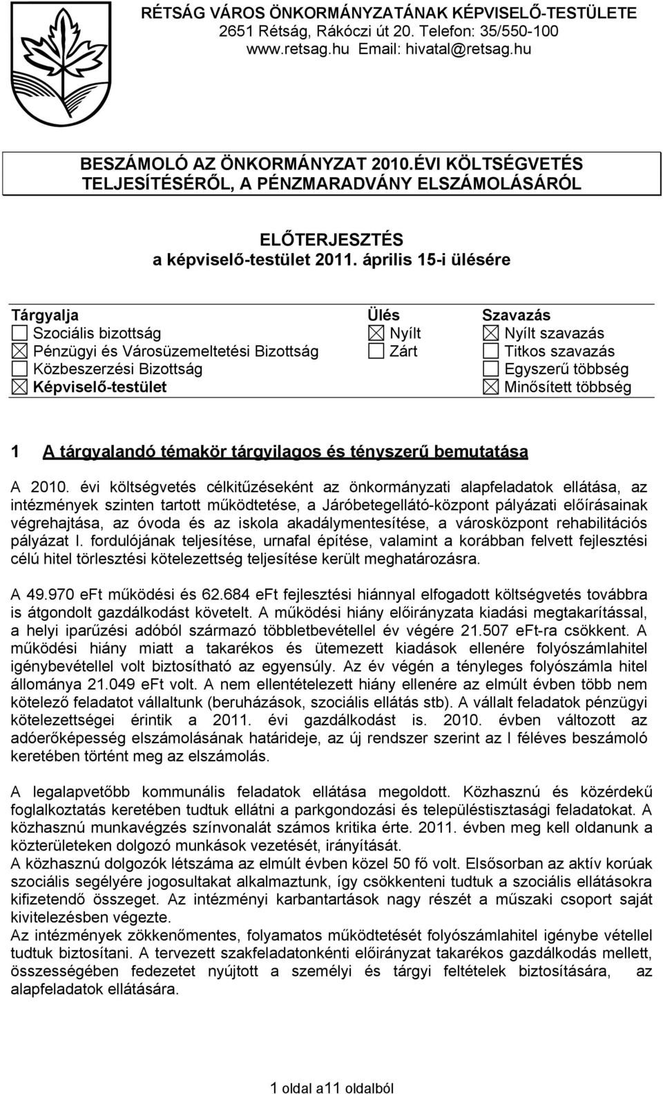 április 15-i ülésére Tárgyalja Ülés Szavazás Szociális bizottság Nyílt Nyílt szavazás Pénzügyi és Városüzemeltetési Bizottság Zárt Titkos szavazás Közbeszerzési Bizottság Egyszerű többség