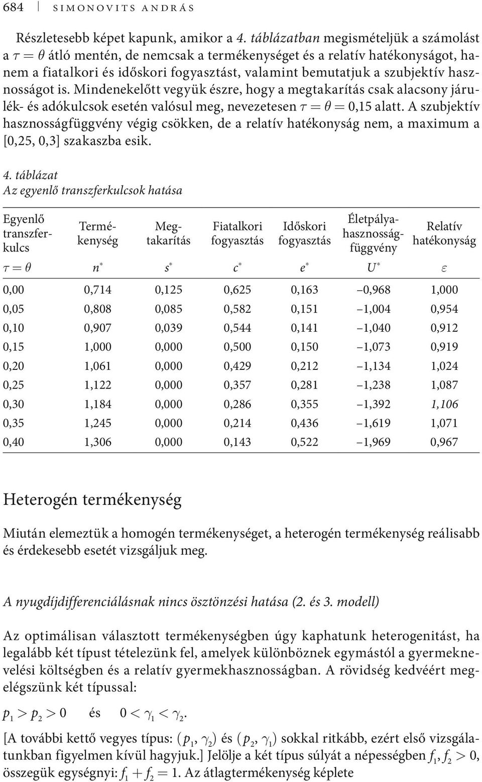 hasznosságot is. Mindenekelőtt vegyük észre, hogy a megtakarítás csak alacsony járulék- és adókulcsok esetén valósul meg, nevezetesen τ = θ = 0,5 alatt.