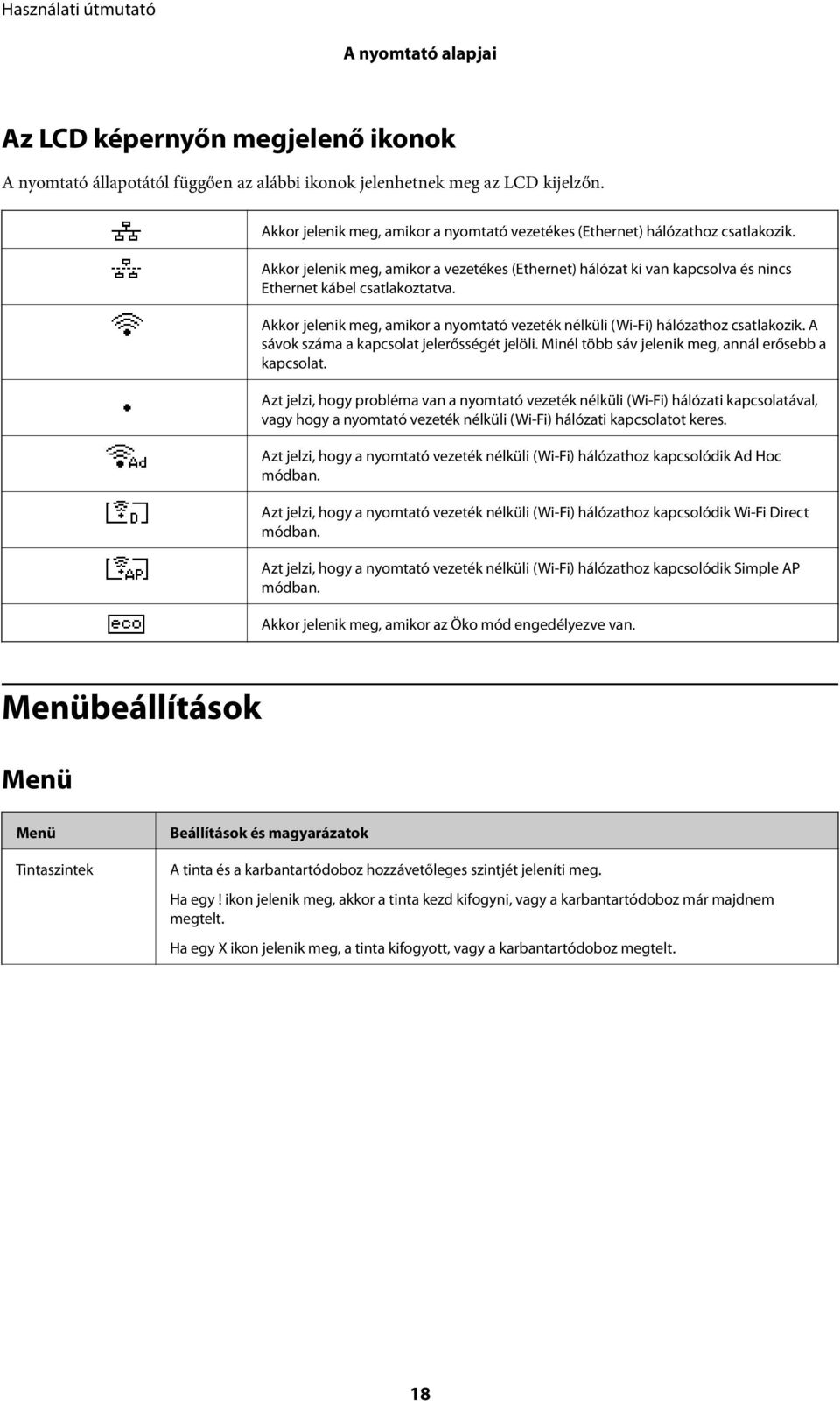 Akkor jelenik meg, amikor a nyomtató vezeték nélküli (Wi-Fi) hálózathoz csatlakozik. A sávok száma a kapcsolat jelerősségét jelöli. Minél több sáv jelenik meg, annál erősebb a kapcsolat.