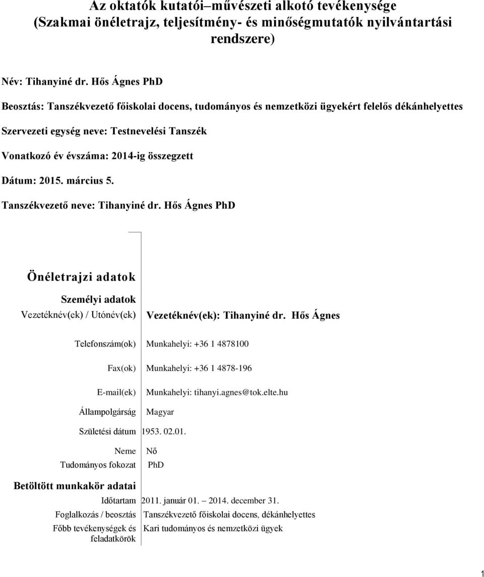 Dátum: 2015. március 5. Tanszékvezető neve: Tihanyiné dr. Hős Ágnes PhD Önéletrajzi adatok Személyi adatok Vezetéknév(ek) / Utónév(ek) Vezetéknév(ek): Tihanyiné dr.