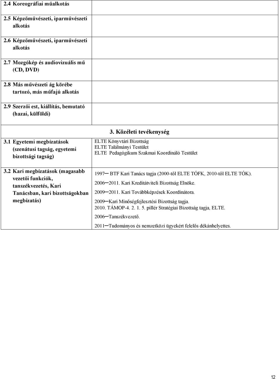 2 Kari megbízatások (magasabb vezetői funkciók, tanszékvezetés, Kari Tanácsban, kari bizottságokban megbízatás) 3.