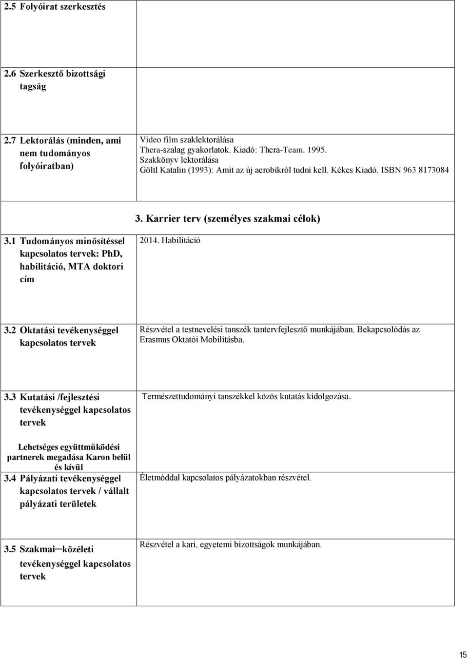 1 Tudományos minősítéssel kapcsolatos tervek: PhD, habilitáció, MTA doktori cím 2014. Habilitáció 3.
