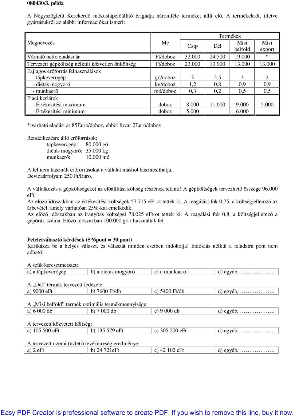 000 * Tervezett gépköltség nélküli közvetlen önköltség Ft/doboz 23.000 13.