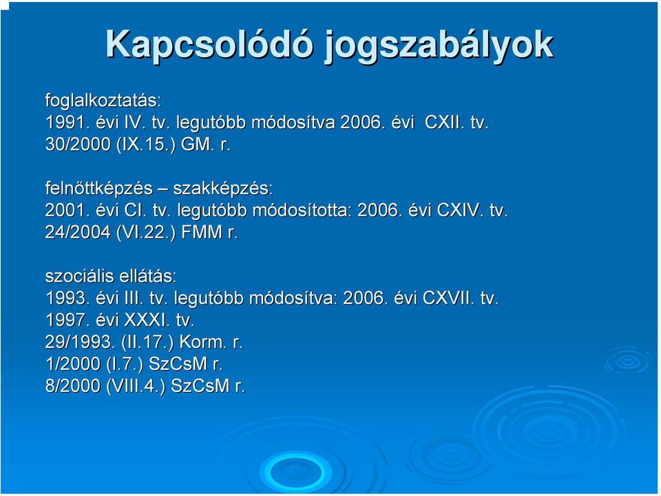 tv. 24/2004 (VI.22.) FMM r. szociális ellátás: 1993. évi III. tv. legutóbb módosm dosítva: 2006. évi CXVII.