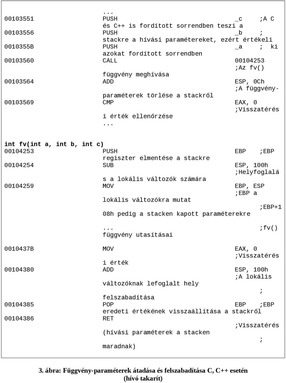 .. int fv(int a, int b, int c) 00104253 PUSH EBP EBP regiszter elmentése a stackre 00104254 SUB ESP, 100h Helyfoglalá s a lokális változók számára 00104259 MOV EBP, ESP EBP a lokális változókra mutat