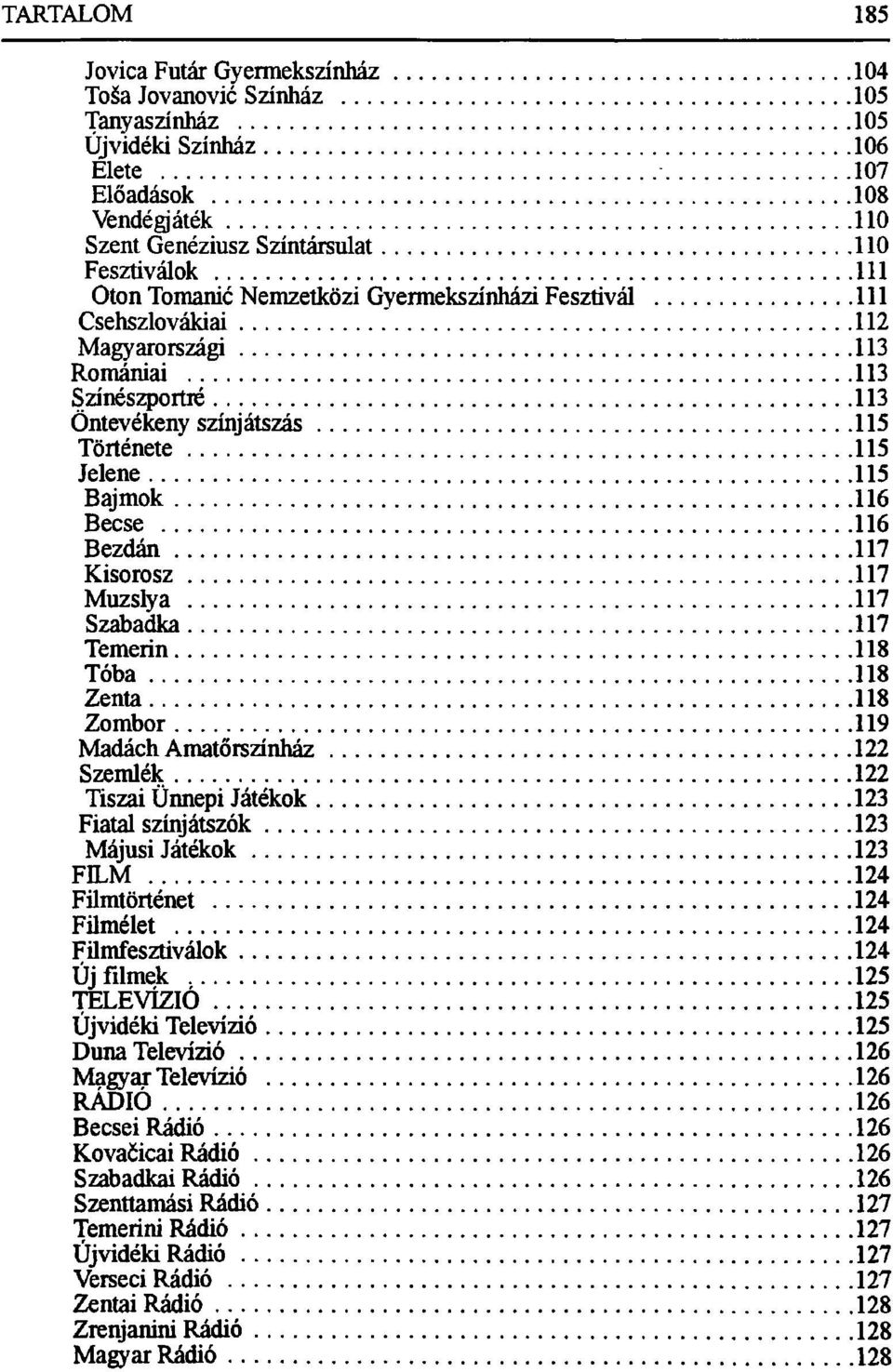 Kisorosz 117 Muzslya 117 Szabadka 117 Temerin 118 Tóba 118 Zenta 118 Zombor 119 Madách Amatőrszínház 122 Szemlék 122 Tiszai Ünnepi Játékok 123 Fiatal színjátszók 123 Májusi Játékok 123 FILM 124