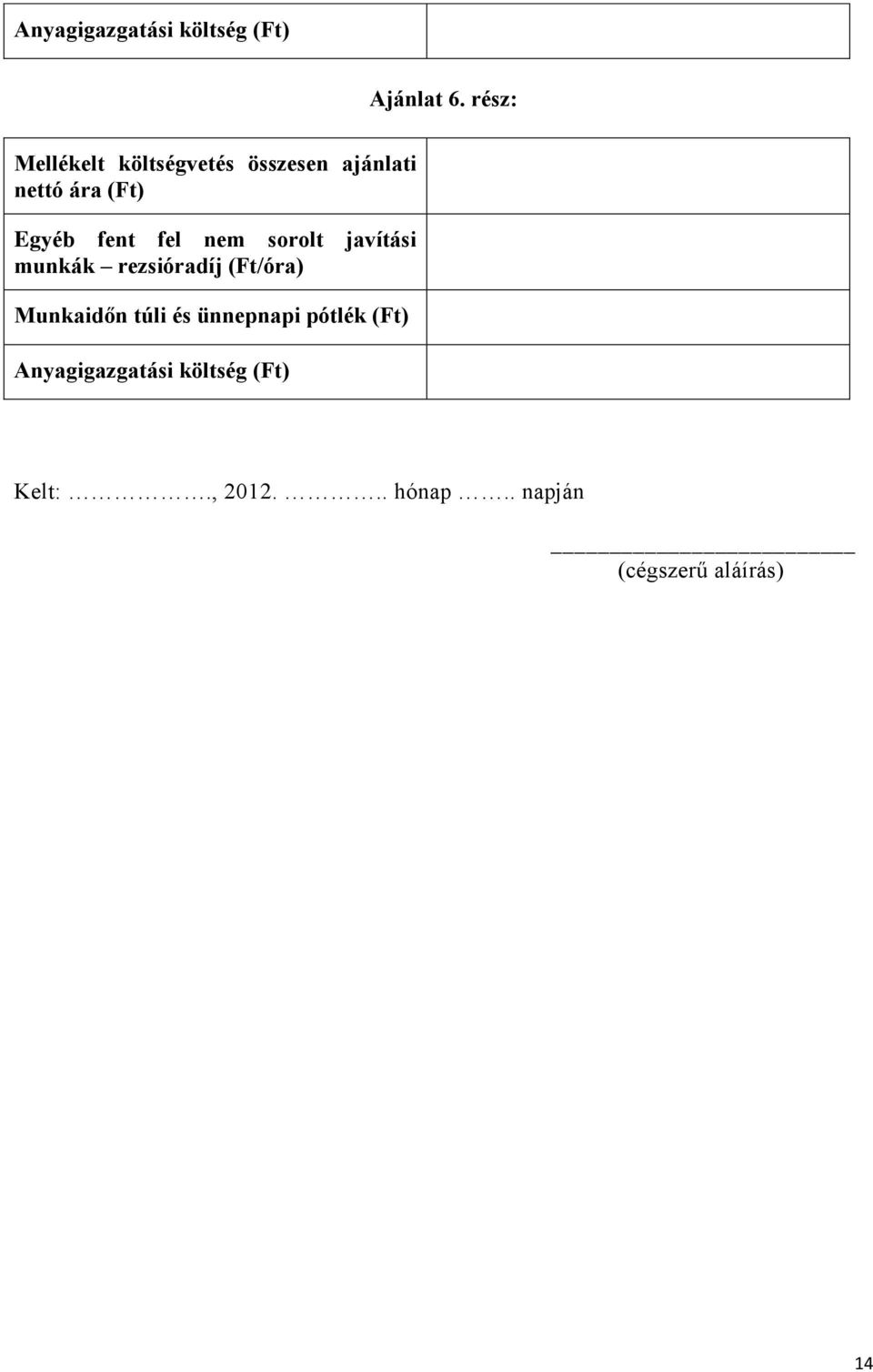 fent fel nem sorolt javítási munkák rezsióradíj (Ft/óra) Munkaidőn túli