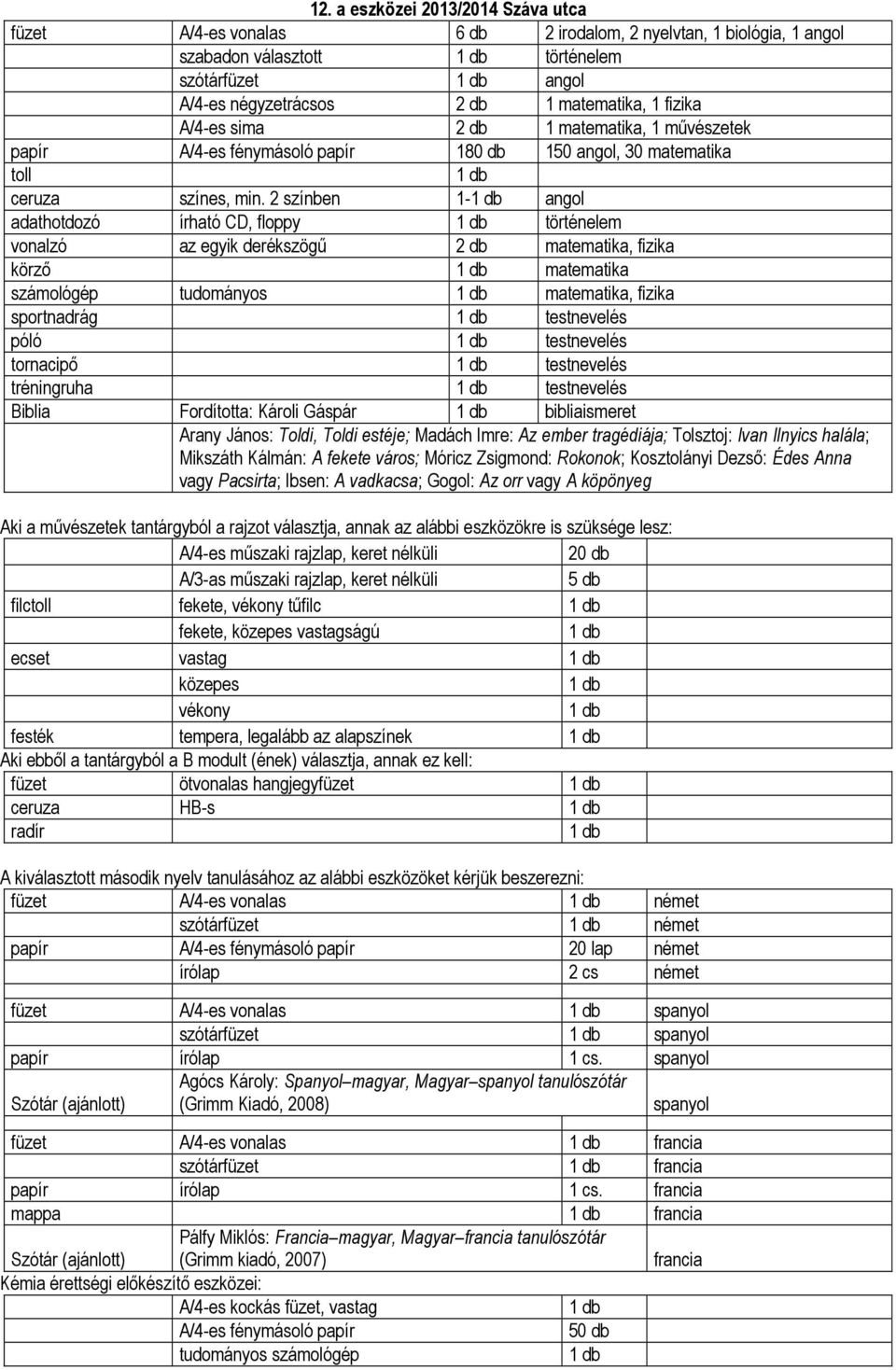 2 színben 1- angol adathotdozó írható CD, floppy történelem vonalzó az egyik derékszögű 2 db matematika, fizika körző matematika számológép tudományos matematika, fizika sportnadrág testnevelés póló