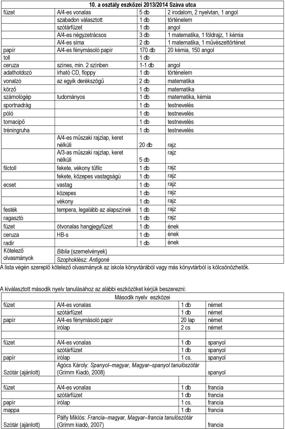 2 színben 1- angol adathotdozó írható CD, floppy történelem vonalzó az egyik derékszögű 2 db matematika körző matematika számológép tudományos matematika, kémia sportnadrág testnevelés póló