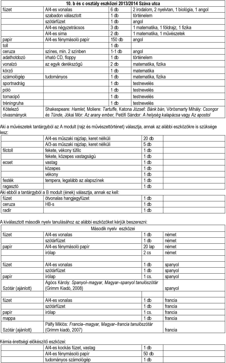 2 színben 1- angol adathotdozó írható CD, floppy történelem vonalzó az egyik derékszögű 2 db matematika, fizika körző matematika számológép tudományos matematika, fizika sportnadrág testnevelés póló