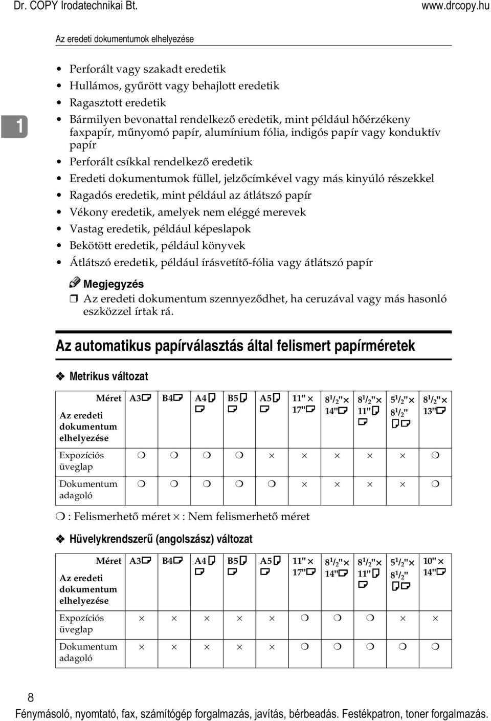 eredetik, mint például az átlátszó papír Vékony eredetik, amelyek nem eléggé merevek Vastag eredetik, például képeslapok Bekötött eredetik, például könyvek Átlátszó eredetik, például írásvetítõ-fólia