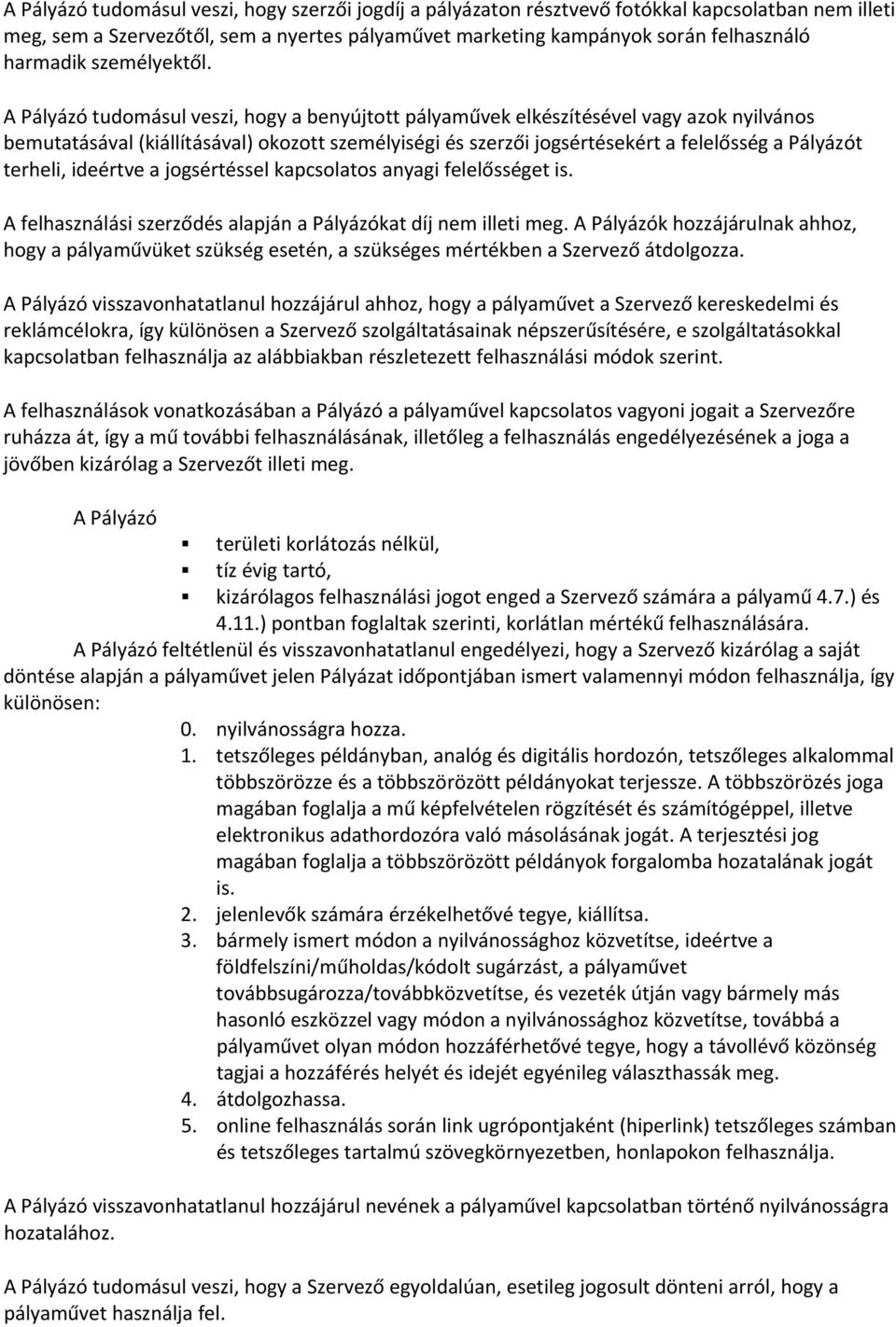 A Pályázó tudomásul veszi, hogy a benyújtott pályaművek elkészítésével vagy azok nyilvános bemutatásával (kiállításával) okozott személyiségi és szerzői jogsértésekért a felelősség a Pályázót