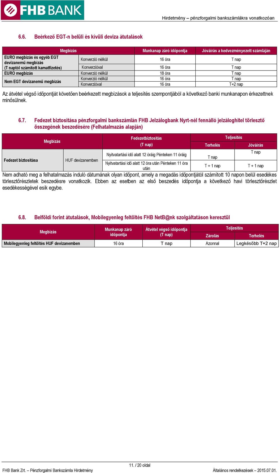 átvétel végső időpontját követően beérkezett megbízások a teljesítés szempontjából a következő banki munkanapon érkezettnek minősülnek. 6.7.