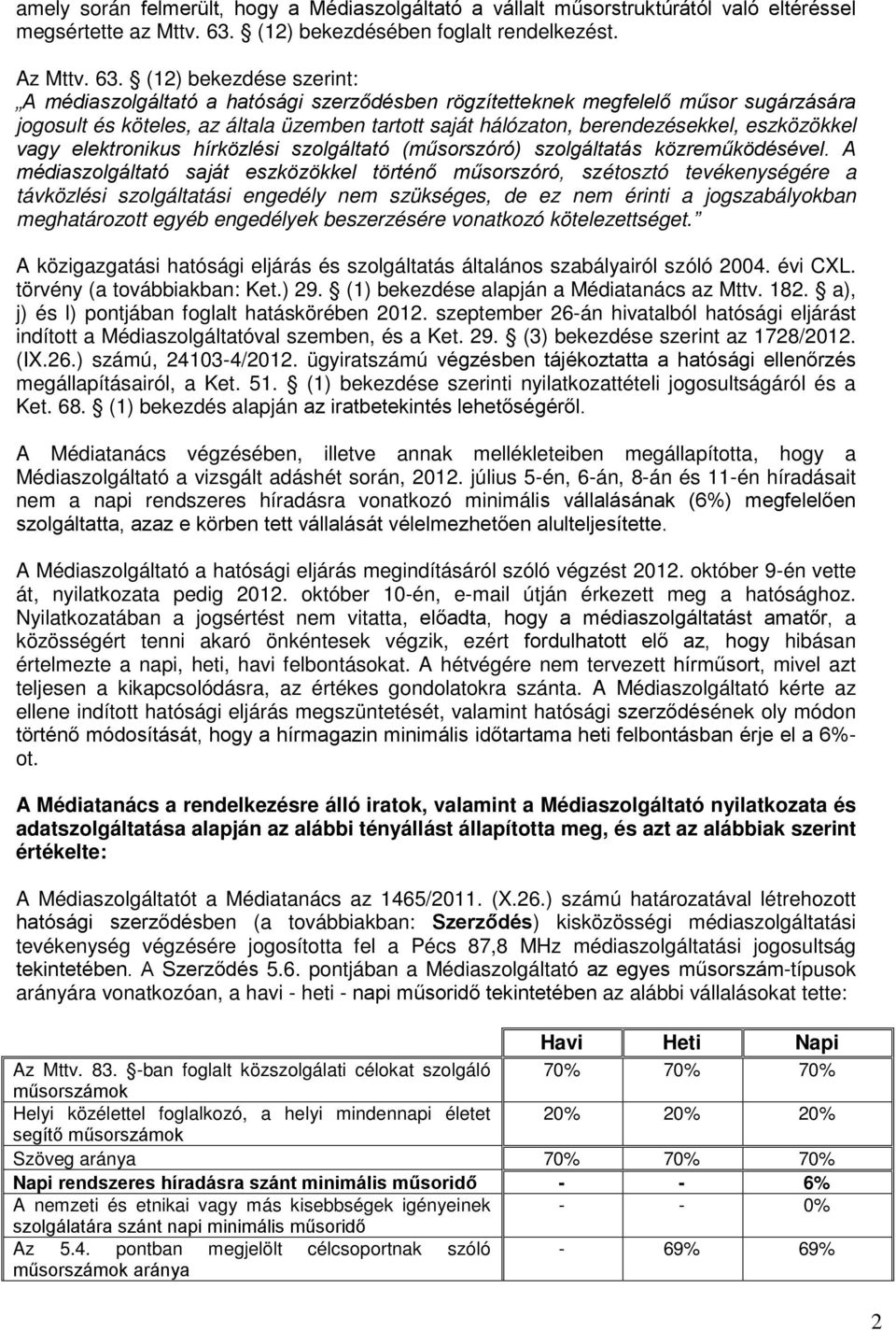 (12) bekezdése szerint: A médiaszolgáltató a hatósági szerződésben rögzítetteknek megfelelő műsor sugárzására jogosult és köteles, az általa üzemben tartott saját hálózaton, berendezésekkel,