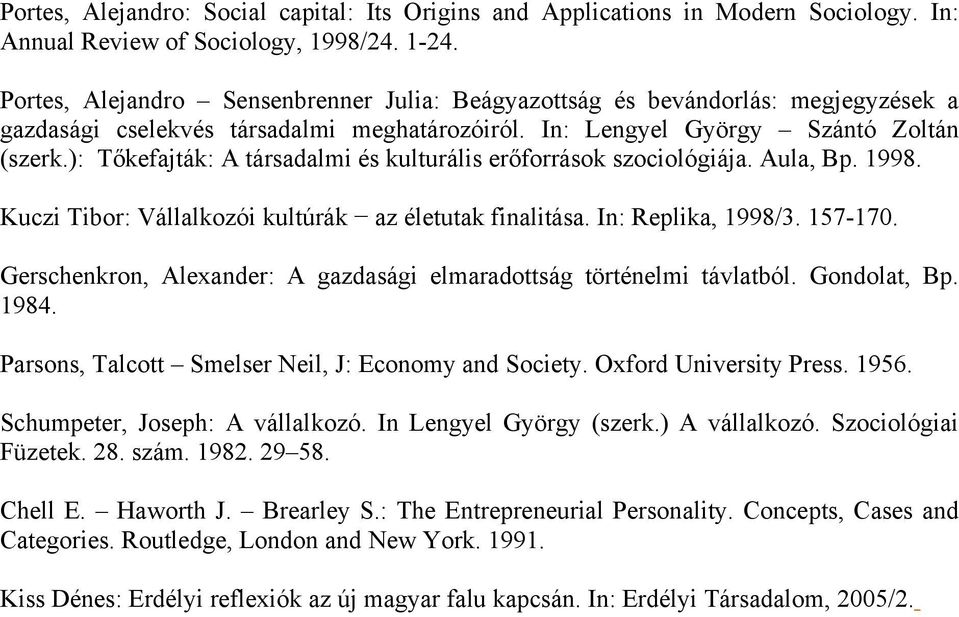 ): Tőkefajták: A társadalmi és kulturális erőforrások szociológiája. Aula, Bp. 1998. Kuczi Tibor: Vállalkozói kultúrák az életutak finalitása. In: Replika, 1998/3. 157-170.