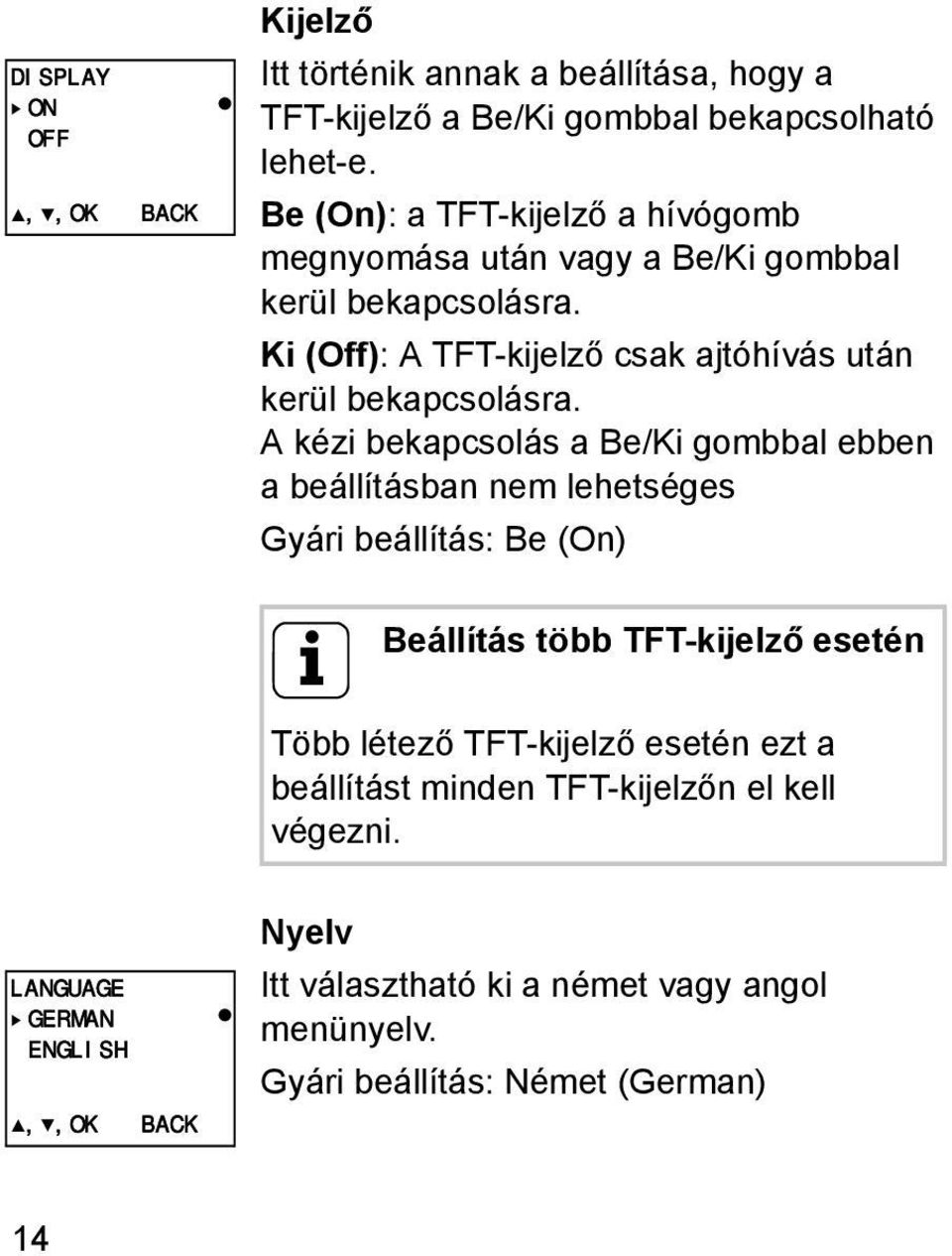 Ki (Off): A TFT-kijelző csak ajtóhívás után kerül bekapcsolásra.