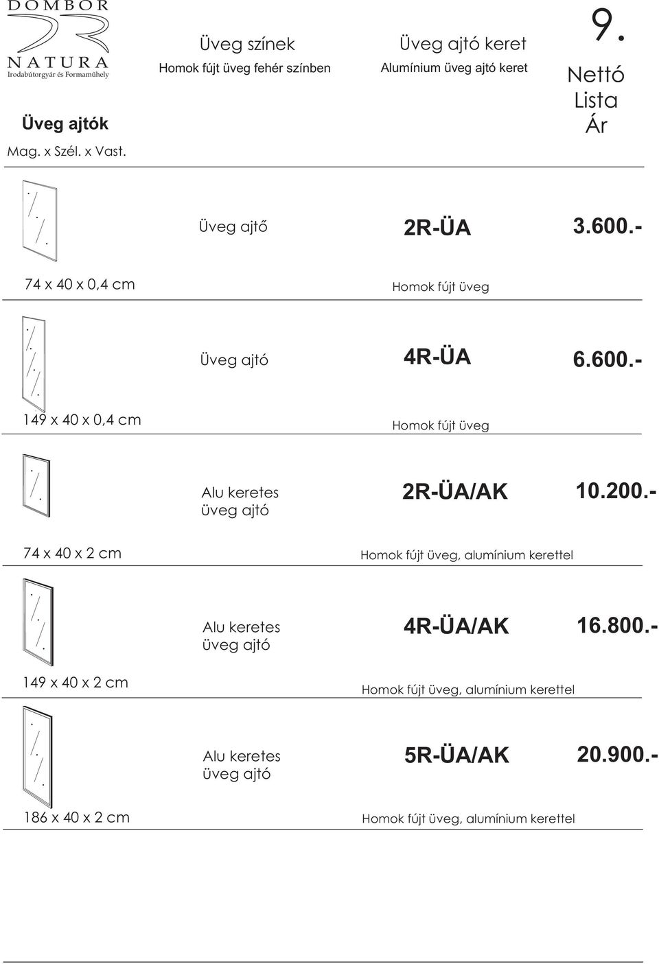 200.- 74 x 40 x 2 cm Homok fújt üveg, alumínium kerettel Alu keretes üveg ajtó 4R-ÜA/AK 149 x 40 x 2 cm Homok fújt üveg,