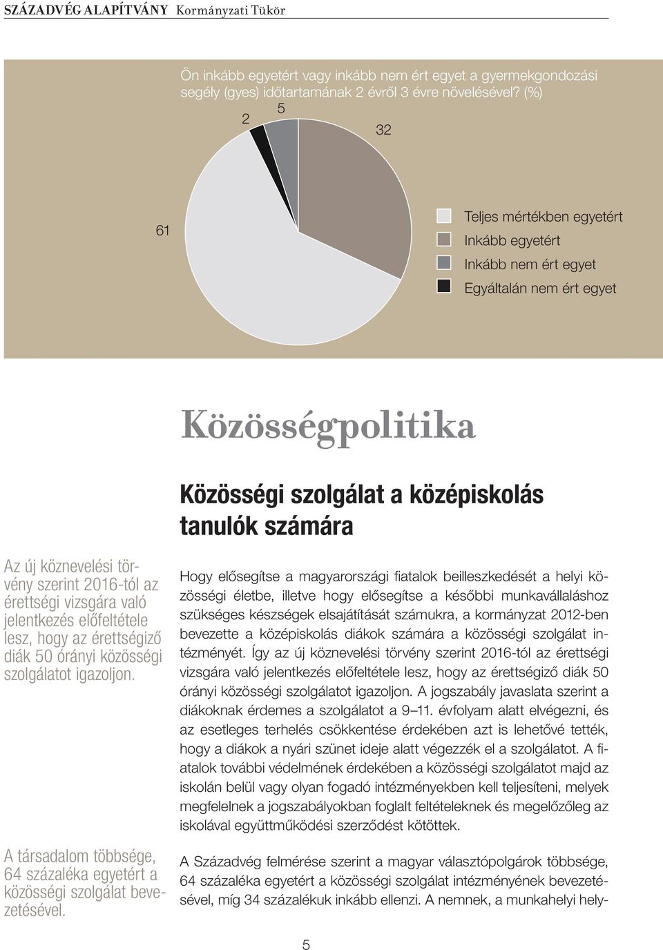 érettségiző diák 50 órányi közösségi szolgálatot igazoljon. A társadalom többsége, 64 százaléka egyetért a közösségi szolgálat bevezetésével.