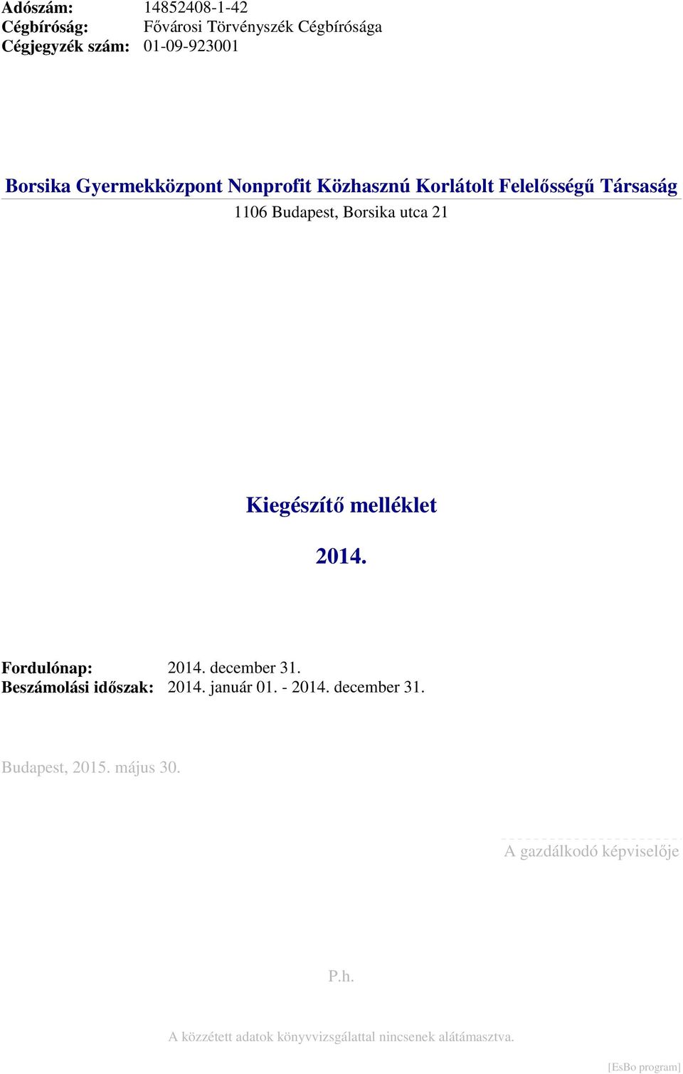 21 2014. Fordulónap: Beszámolási időszak: 2014. december 31. 2014. január 01. - 2014. december 31. Budapest, 2015.