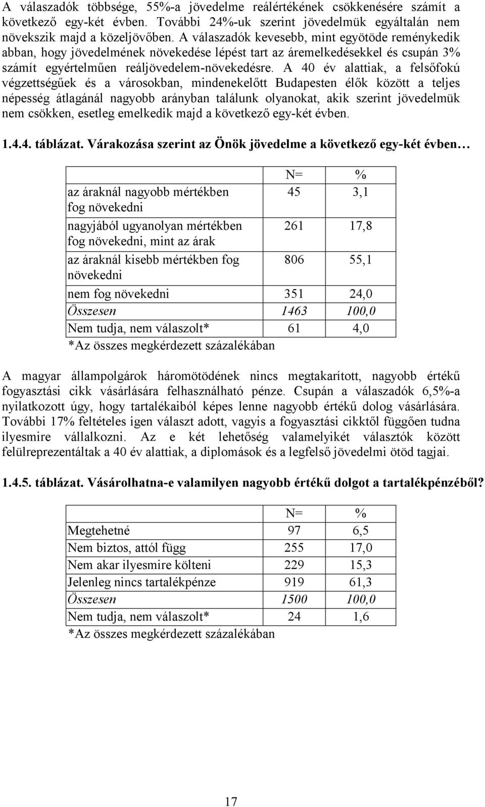 A 40 év alattiak, a felsőfokú végzettségűek és a városokban, mindenekelőtt Budapesten élők között a teljes népesség átlagánál nagyobb arányban találunk olyanokat, akik szerint jövedelmük nem csökken,