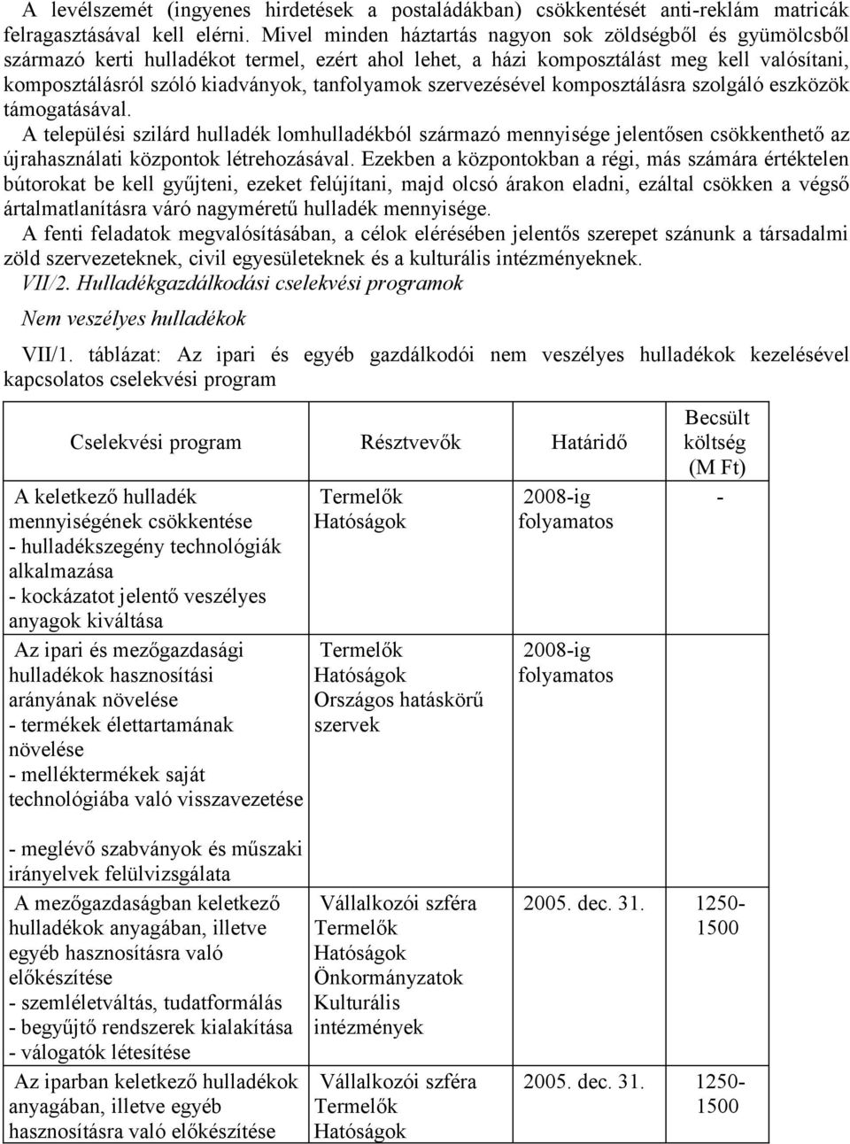 szervezésével komposztálásra szolgáló eszközök támogatásával. A települési szilárd hulladék lomhulladékból származó mennyisége jelentősen csökkenthető az újrahasználati központok létrehozásával.