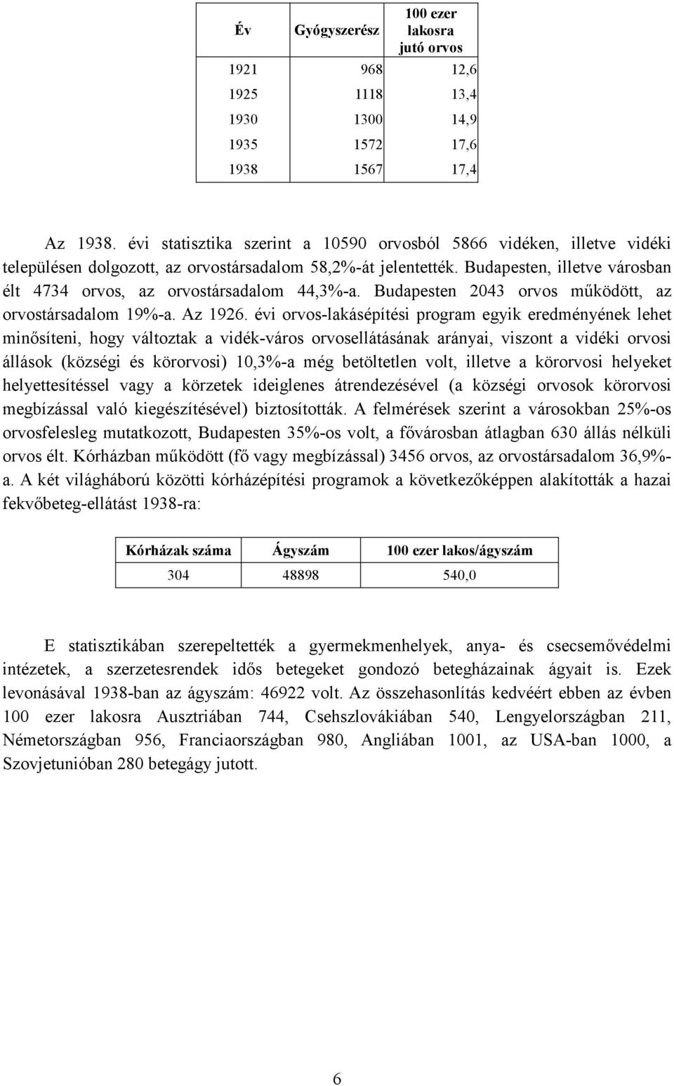 Budapesten, illetve városban élt 4734 orvos, az orvostársadalom 44,3%-a. Budapesten 2043 orvos mőködött, az orvostársadalom 19%-a. Az 1926.