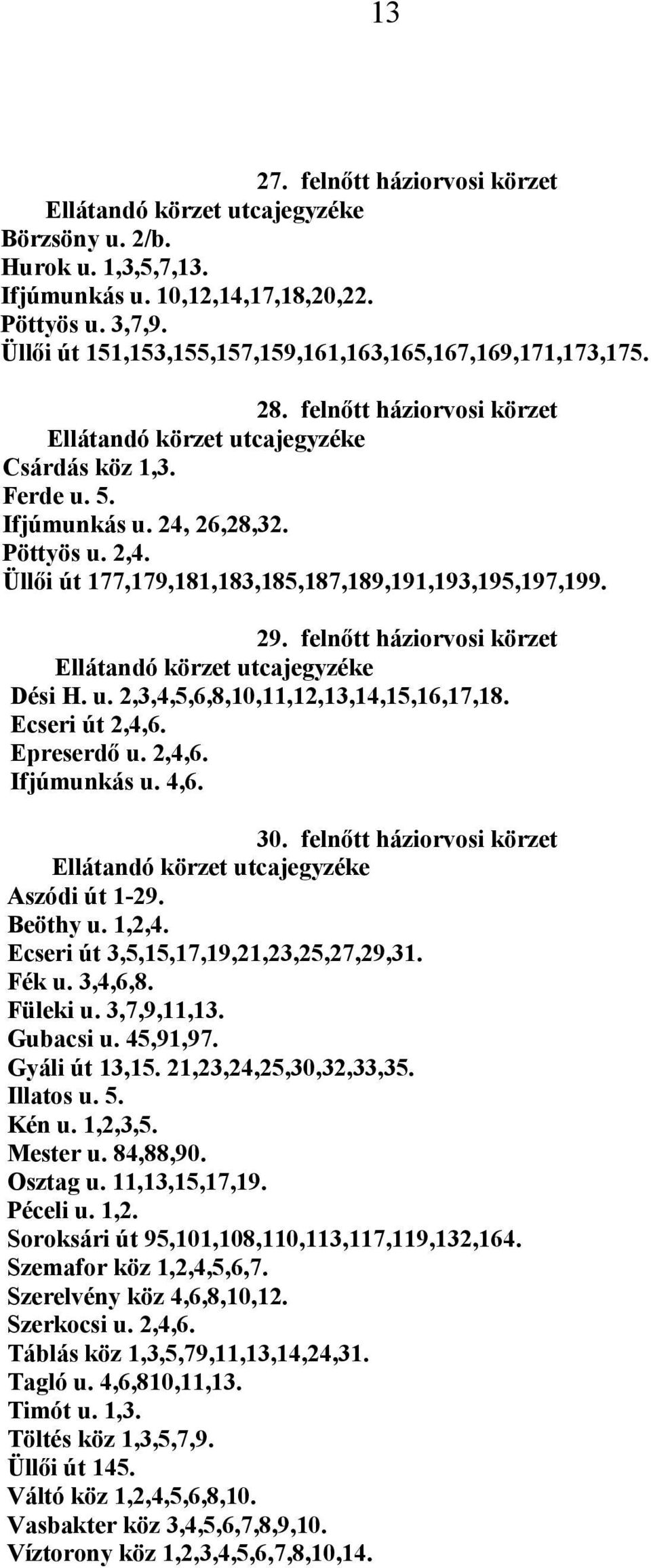 Ecseri út 2,4,6. Epreserdő u. 2,4,6. Ifjúmunkás u. 4,6. 30. felnőtt háziorvosi körzet Aszódi út 1-29. Beöthy u. 1,2,4. Ecseri út 3,5,15,17,19,21,23,25,27,29,31. Fék u. 3,4,6,8. Füleki u. 3,7,9,11,13.