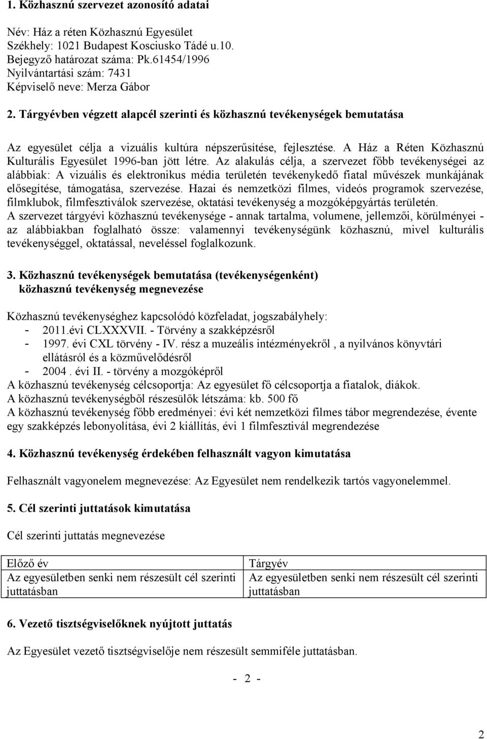 Tárgyévben végzett alapcél szerinti és közhasznú tevékenységek bemutatása Az egyesület célja a vizuális kultúra népszerűsítése, fejlesztése.