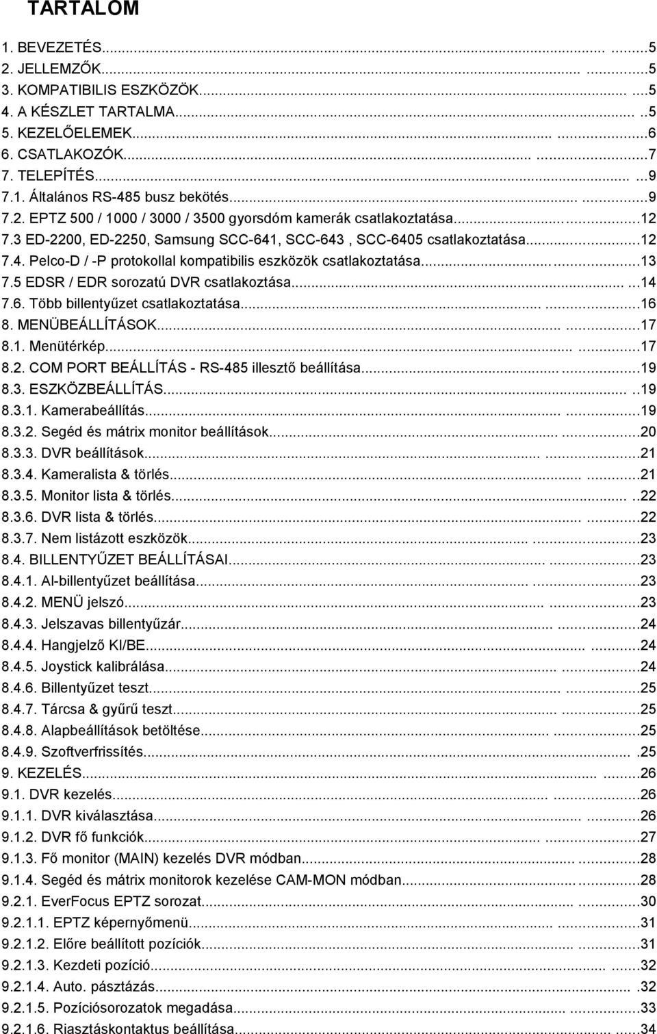 .....13 7.5 EDSR / EDR sorozatú DVR csatlakoztása......14 7.6. Több billentyűzet csatlakoztatása......16 8. MENÜBEÁLLÍTÁSOK......17 8.1. Menütérkép......17 8.2.