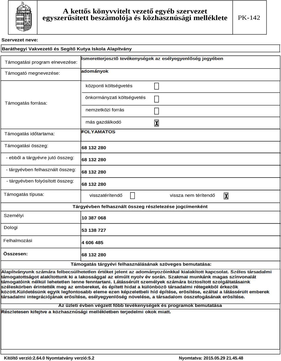 132 280 68 132 280 68 132 280 visszatérítendő vissza nem térítendő Tárgyévben felhasznált összeg részletezése jogcímenként Személyi Dologi Felhalmozási Összesen: