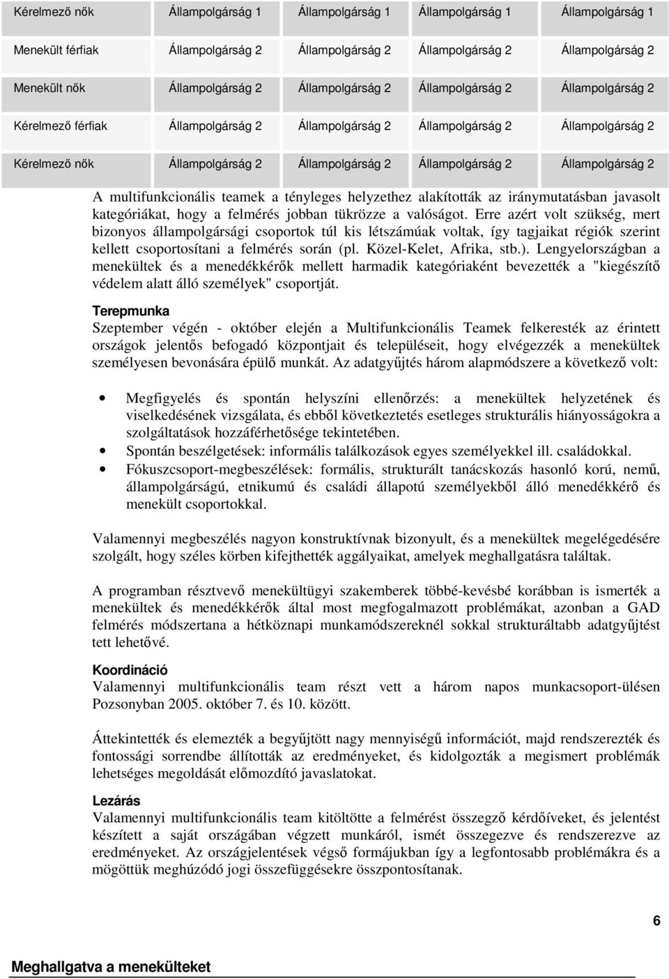 Állampolgárság 2 A multifunkcionális teamek a tényleges helyzethez alakították az iránymutatásban javasolt kategóriákat, hogy a felmérés jobban tükrözze a valóságot.